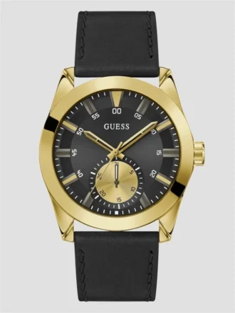 Black and Gold-Tone Multifunction Leather Watch