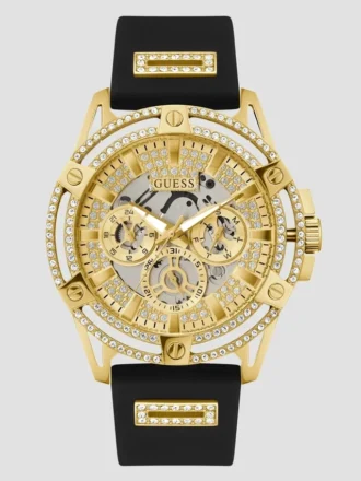 Cut-Through Gold-Tone and Black Silicone Multifunction Watch