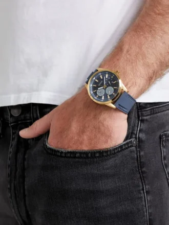 Gold-Tone and Blue Silicone Multifunction Watch