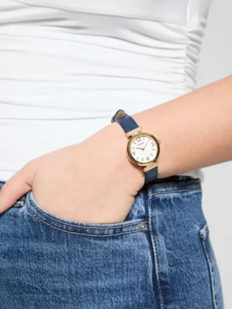 Gold-Tone and Navy Leather Analog Watch