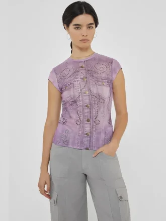 Guess Originals Printed Stud and Denim Mesh Top