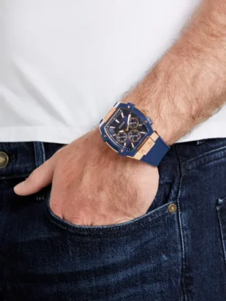 Rose Gold-Tone and Blue Silicone Multifunction Watch
