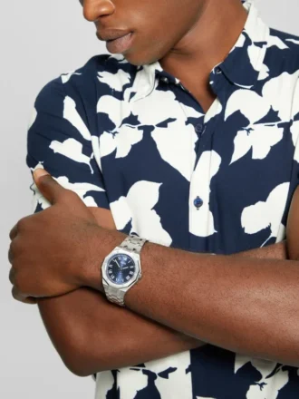 Silver-Tone and Blue Octagonal Analog Watch