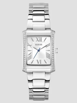 Silver-Tone Crystal Square Analog Watch