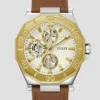 Two-Tone and Brown Leather Multifunction Watch