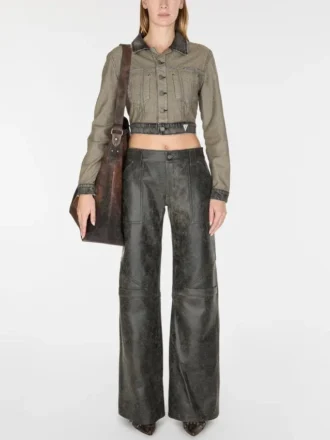 Wide-Leg Crackled Leather Pants